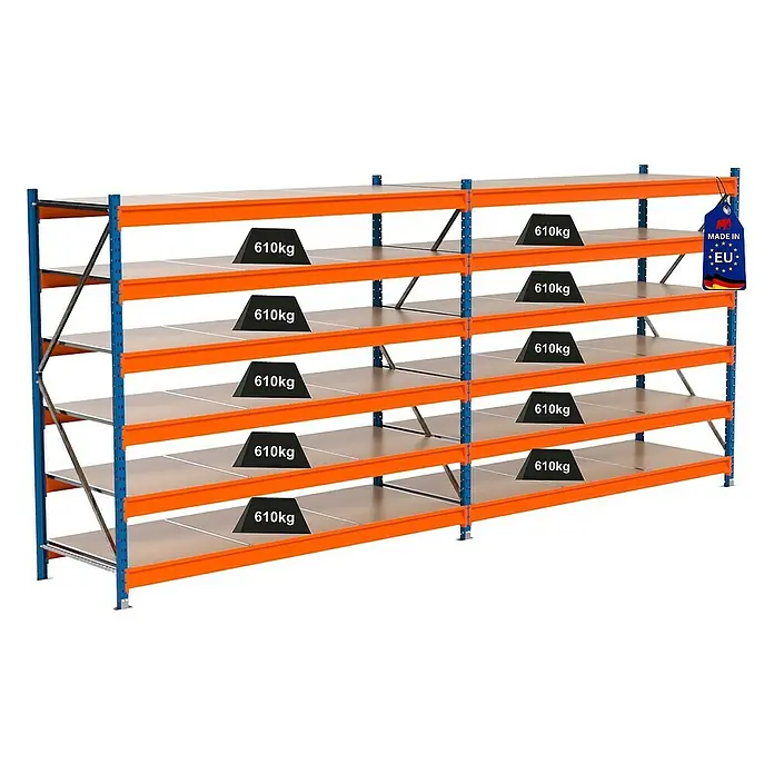 Proregal Schwerlastregal Industrie Weitspannregal MAXIMUS Pro - H x B x T: 200 x 460 x 80 cm, Traglast pro Boden: 610 kg, Anzahl Böden: 6 Stk., Stecken, Blau/Orange