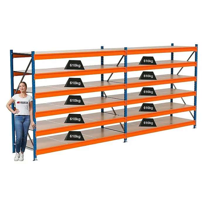 Proregal Schwerlastregal Industrie Weitspannregal MAXIMUS Pro - H x B x T: 200 x 460 x 80 cm, Traglast pro Boden: 610 kg, Anzahl Böden: 6 Stk., Stecken, Blau/Orange