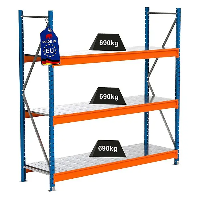 Proregal Schwerlastregal Industrie Weitspannregal MAXIMUS Pro - H x B x T: 200 x 210 x 60 cm, Traglast pro Boden: 690 kg, Anzahl Böden: 3 Stk., Stecken, Blau/Orange