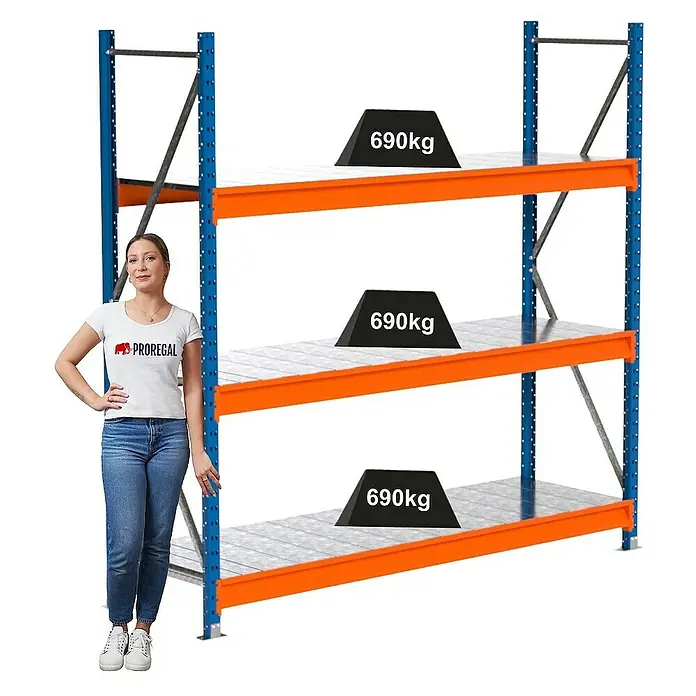 Proregal Schwerlastregal Industrie Weitspannregal MAXIMUS Pro - H x B x T: 200 x 210 x 60 cm, Traglast pro Boden: 690 kg, Anzahl Böden: 3 Stk., Stecken, Blau/Orange