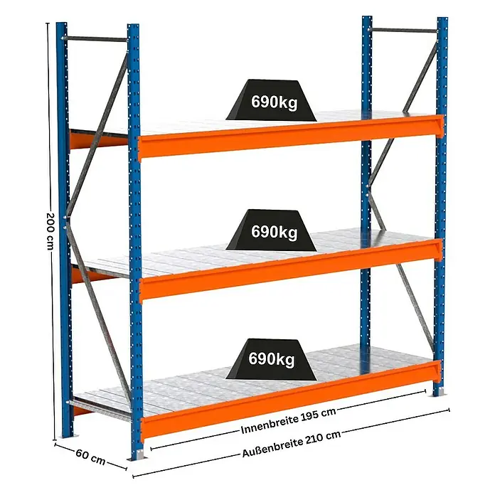 Proregal Schwerlastregal Industrie Weitspannregal MAXIMUS Pro - H x B x T: 200 x 210 x 60 cm, Traglast pro Boden: 690 kg, Anzahl Böden: 3 Stk., Stecken, Blau/Orange