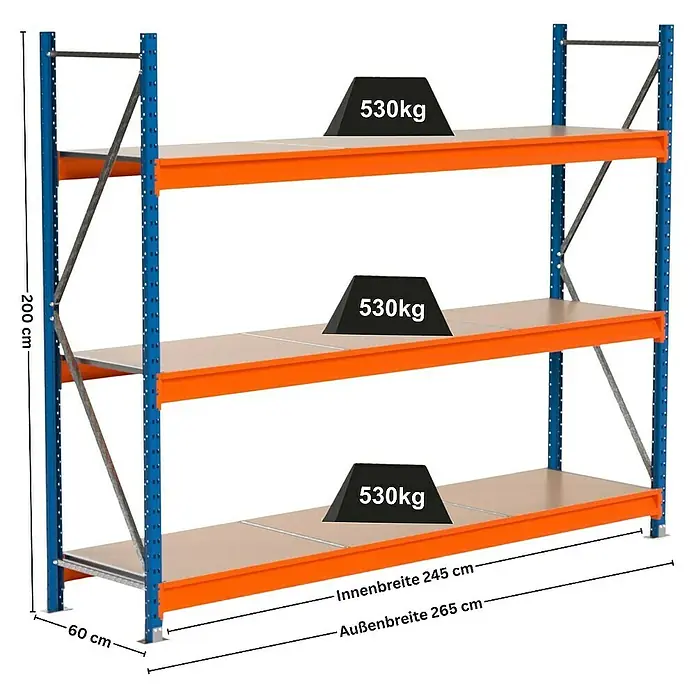 Proregal Schwerlastregal Industrie Weitspannregal MAXIMUS Pro - H x B x T: 200 x 260 x 60 cm, Traglast pro Boden: 530 kg, Anzahl Böden: 3 Stk., Stecken, Blau/Orange