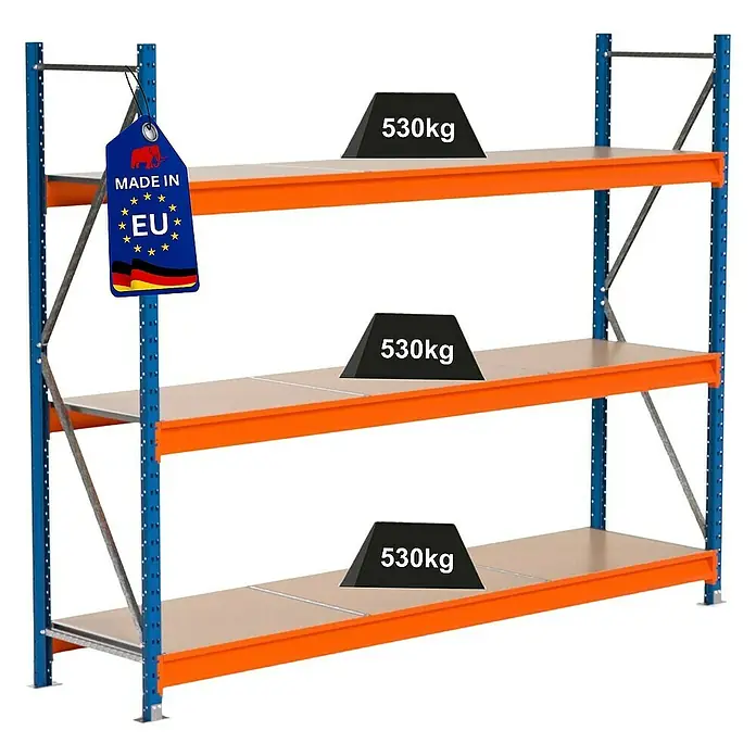 Proregal Schwerlastregal Industrie Weitspannregal MAXIMUS Pro - H x B x T: 200 x 260 x 60 cm, Traglast pro Boden: 530 kg, Anzahl Böden: 3 Stk., Stecken, Blau/Orange