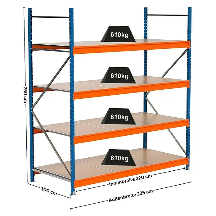 Proregal Schwerlastregal Industrie Weitspannregal MAXIMUS Pro - H x B x T: 250 x 235 x 100 cm, Traglast pro Boden: 610 kg, Anzahl Böden: 4 Stk., Stecken, Blau/Orange
