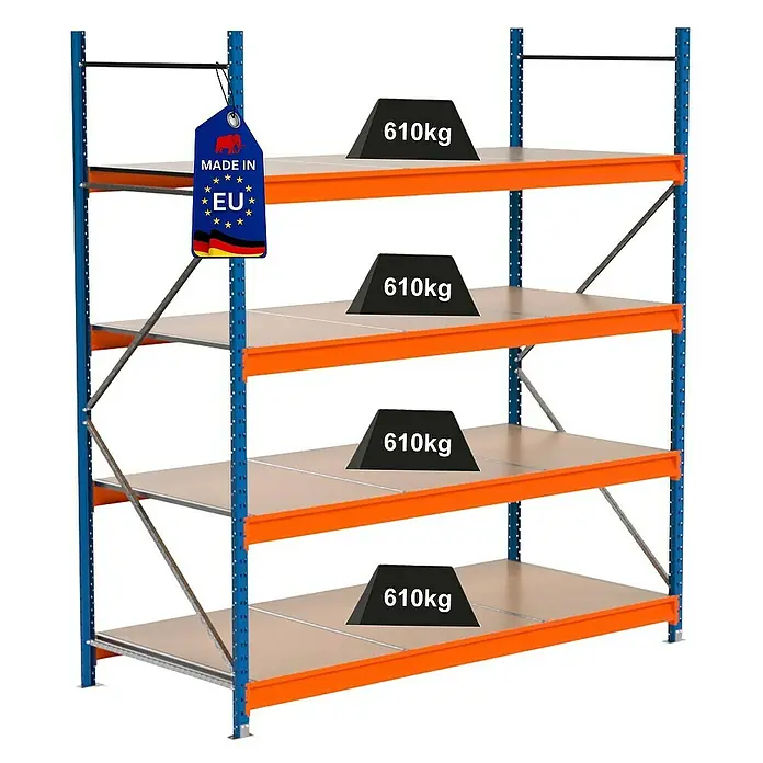 Proregal Schwerlastregal Industrie Weitspannregal MAXIMUS Pro - H x B x T: 250 x 235 x 100 cm, Traglast pro Boden: 610 kg, Anzahl Böden: 4 Stk., Stecken, Blau/Orange