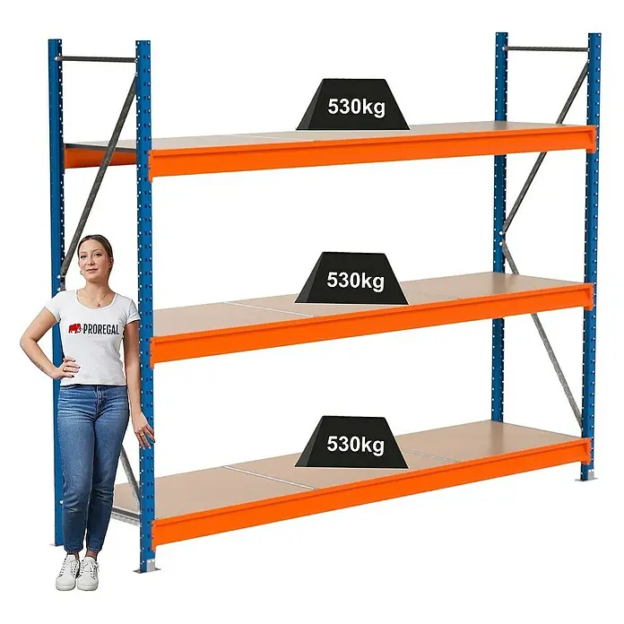 Proregal Schwerlastregal Industrie Weitspannregal MAXIMUS Pro - H x B x T: 200 x 260 x 60 cm, Traglast pro Boden: 530 kg, Anzahl Böden: 3 Stk., Stecken, Blau/Orange