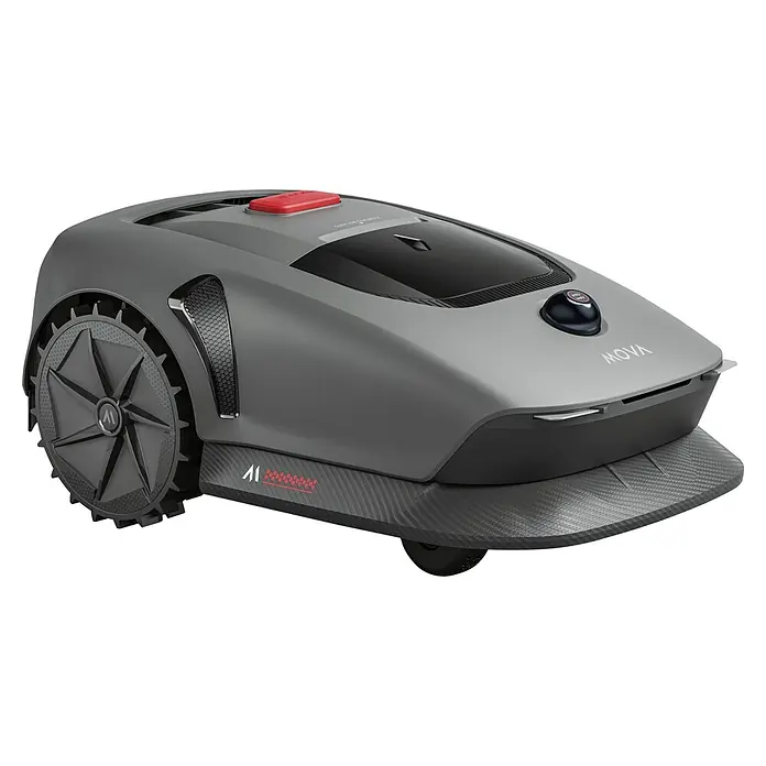Mova Robot cortacésped 600 Plus - 600 m², Ancho de corte: 20 cm, Navegación por láser, LiDAR - Robot cortacésped gris oscuro con textura de fibra de carbono negra, ruedas texturadas y botón de parada de emergencia rojo.