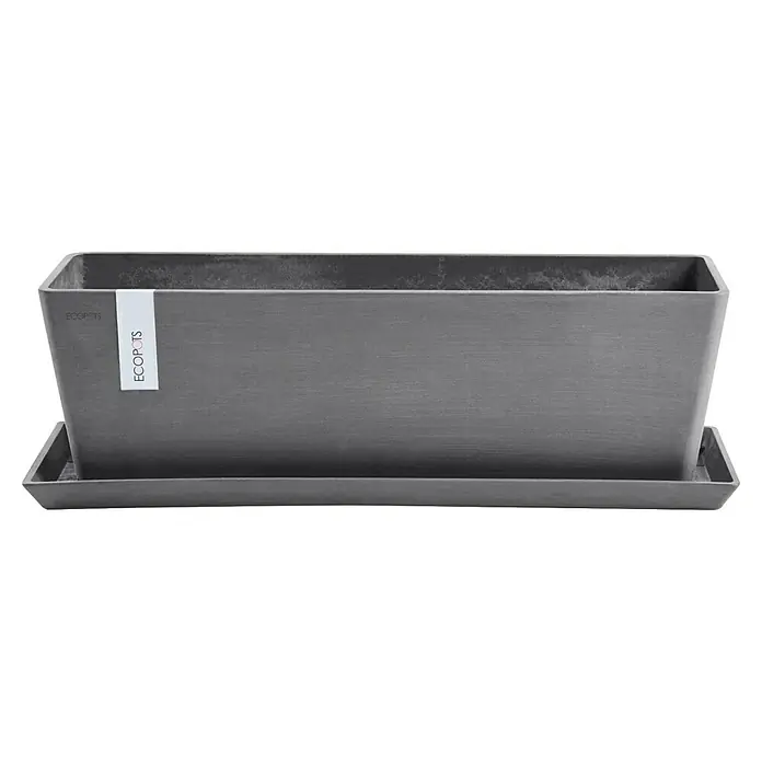Ecopots Bruges Blumentopf-Untersetzer - Außenmaß (L x B x H): 77,9 x 17,1 x 2,5 cm, Kunststoff, Grau - Anthrazitfarbener rechteckiger Pflanzkübel mit passender Untertasse.