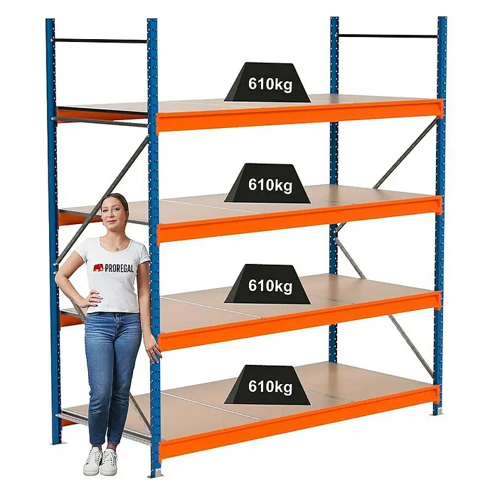 Proregal Schwerlastregal Industrie Weitspannregal MAXIMUS Pro - H x B x T: 250 x 235 x 100 cm, Traglast pro Boden: 610 kg, Anzahl Böden: 4 Stk., Stecken, Blau/Orange