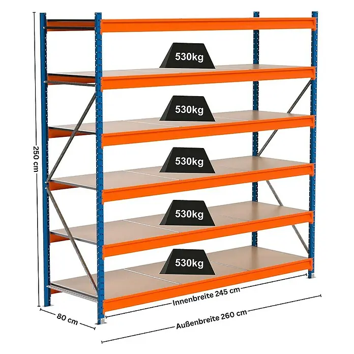 Proregal Schwerlastregal Industrie Weitspannregal MAXIMUS Pro - H x B x T: 250 x 260 x 80 cm, Traglast pro Boden: 530 kg, Anzahl Böden: 6 Stk., Stecken, Blau/Orange