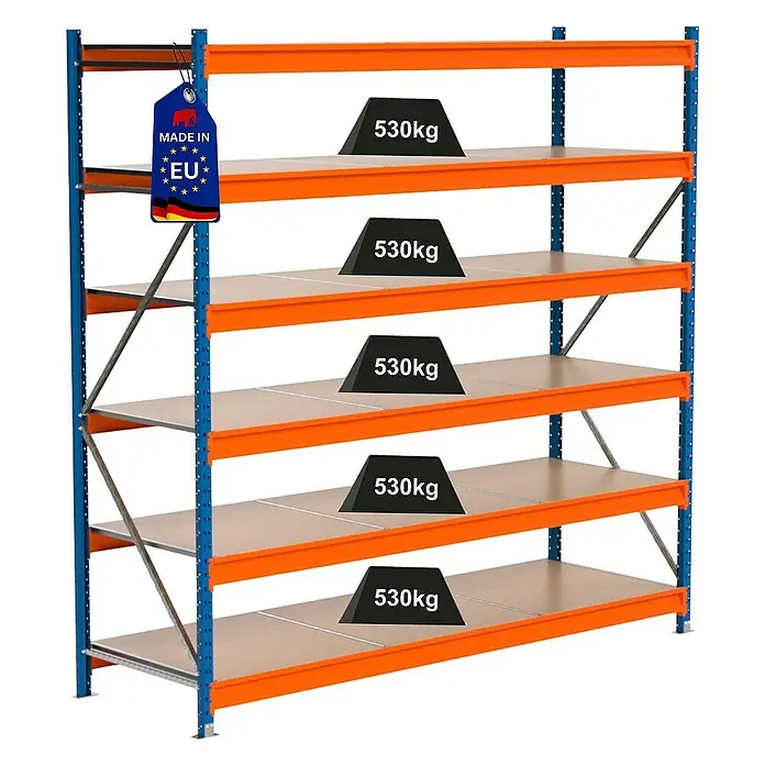 Proregal Schwerlastregal Industrie Weitspannregal MAXIMUS Pro - H x B x T: 250 x 260 x 80 cm, Traglast pro Boden: 530 kg, Anzahl Böden: 6 Stk., Stecken, Blau/Orange