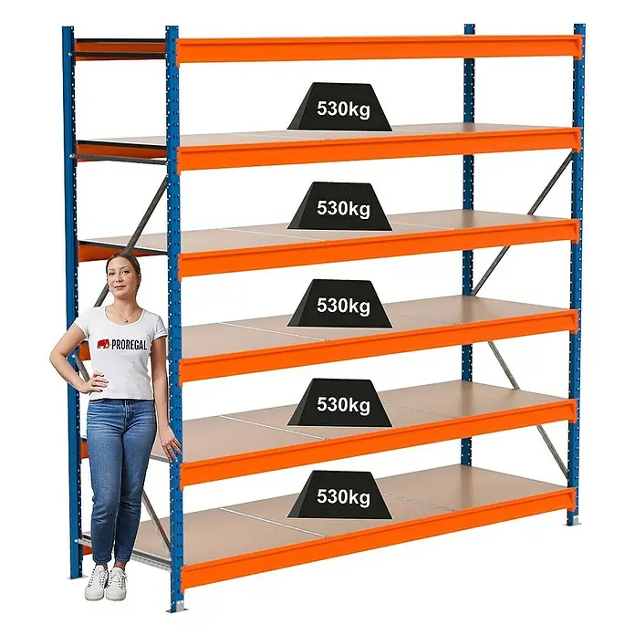 Proregal Schwerlastregal Industrie Weitspannregal MAXIMUS Pro - H x B x T: 250 x 260 x 80 cm, Traglast pro Boden: 530 kg, Anzahl Böden: 6 Stk., Stecken, Blau/Orange