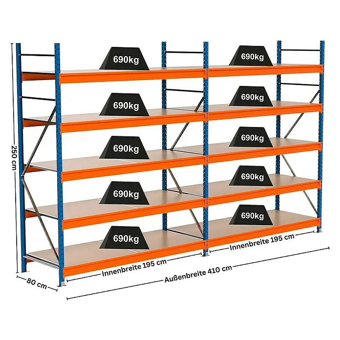 Proregal Schwerlastregal Industrie Weitspannregal MAXIMUS Pro - H x B x T: 250 x 410 x 80 cm, Traglast pro Boden: 690 kg, Anzahl Böden: 5 Stk., Stecken, Blau/Orange