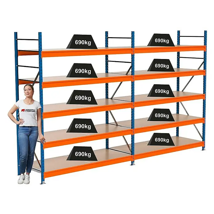 Proregal Schwerlastregal Industrie Weitspannregal MAXIMUS Pro - H x B x T: 250 x 410 x 80 cm, Traglast pro Boden: 690 kg, Anzahl Böden: 5 Stk., Stecken, Blau/Orange
