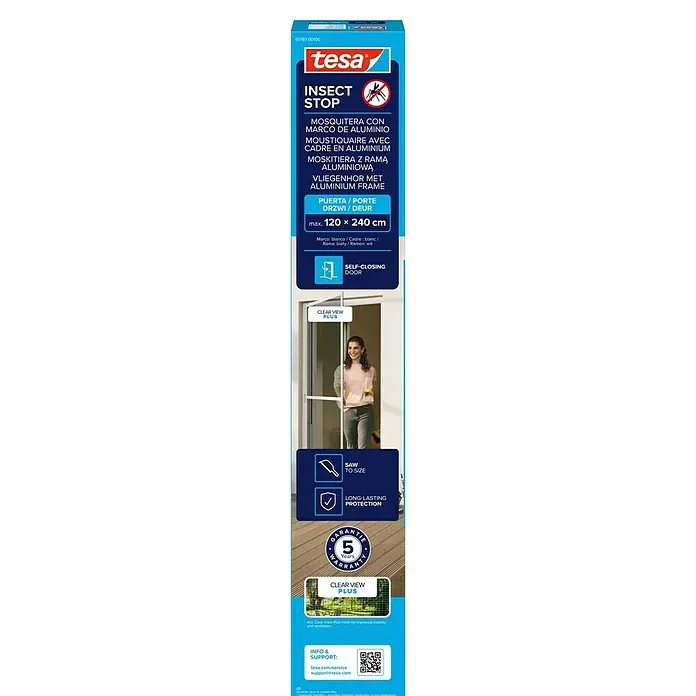 Tesa Insect Stop Insektenschutztür - B x H: 1,2 x 2,4 m, Montage Insektengitter: Schrauben - Verpackung tesa Insektenschutz-Fliegengittertür mit weißem Aluminiumrahmen und Clear View Plus-Gewebe, max. 120x240 cm.