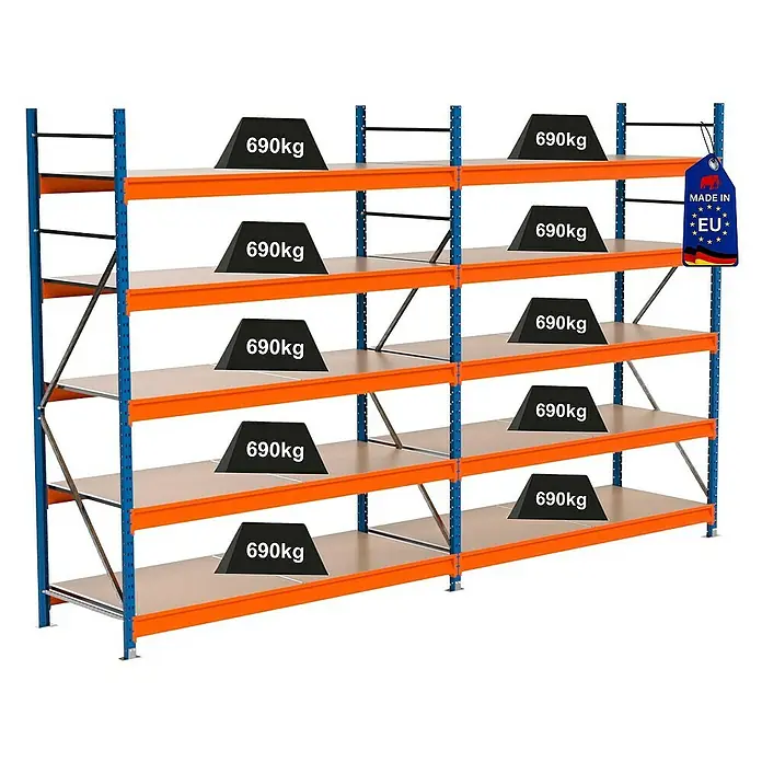 Proregal Schwerlastregal Industrie Weitspannregal MAXIMUS Pro - H x B x T: 250 x 410 x 80 cm, Traglast pro Boden: 690 kg, Anzahl Böden: 5 Stk., Stecken, Blau/Orange
