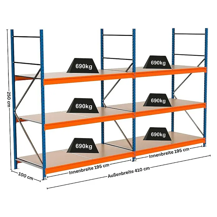 Proregal Schwerlastregal Industrie Weitspannregal MAXIMUS Pro - H x B x T: 250 x 410 x 100 cm, Traglast pro Boden: 690 kg, Anzahl Böden: 3 Stk., Stecken, Blau/Orange