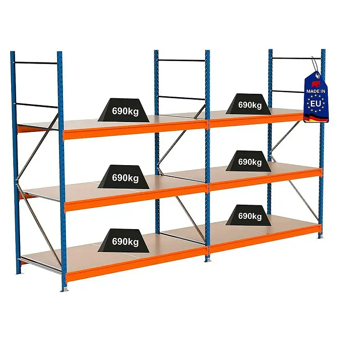 Proregal Schwerlastregal Industrie Weitspannregal MAXIMUS Pro - H x B x T: 250 x 410 x 100 cm, Traglast pro Boden: 690 kg, Anzahl Böden: 3 Stk., Stecken, Blau/Orange