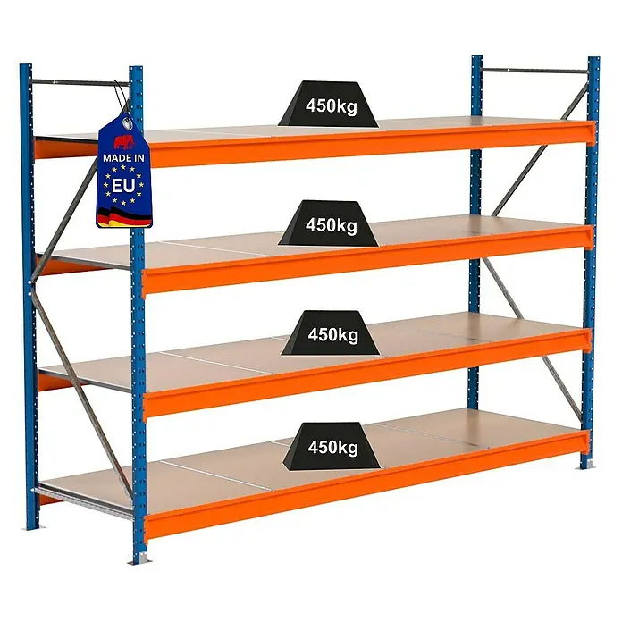 Proregal Schwerlastregal Industrie Weitspannregal MAXIMUS Pro - H x B x T: 200 x 285 x 80 cm, Traglast pro Boden: 450 kg, Anzahl Böden: 4 Stk., Stecken, Blau/Orange