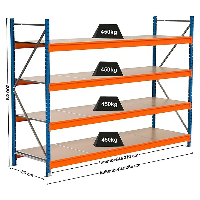 Proregal Schwerlastregal Industrie Weitspannregal MAXIMUS Pro - H x B x T: 200 x 285 x 80 cm, Traglast pro Boden: 450 kg, Anzahl Böden: 4 Stk., Stecken, Blau/Orange