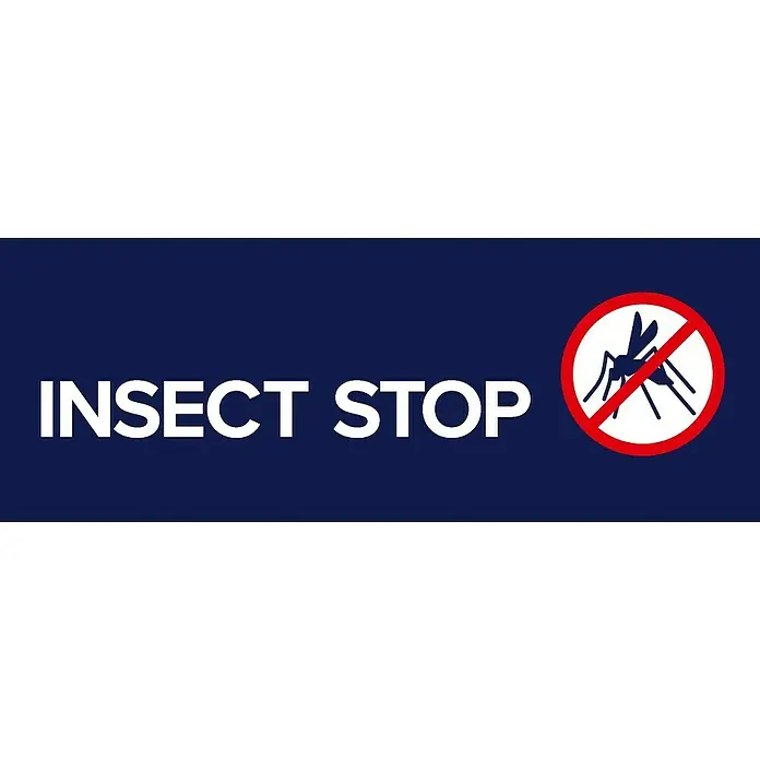 Tesa Insect Stop Insektenschutzvorhang selbstschließender Magnetvorhang - B x H: 120 x 240 cm, Montage Insektengitter: Kleben, Anthrazit - Schild mit "INSECT STOP" Text und Mücken-Verbotssymbol.