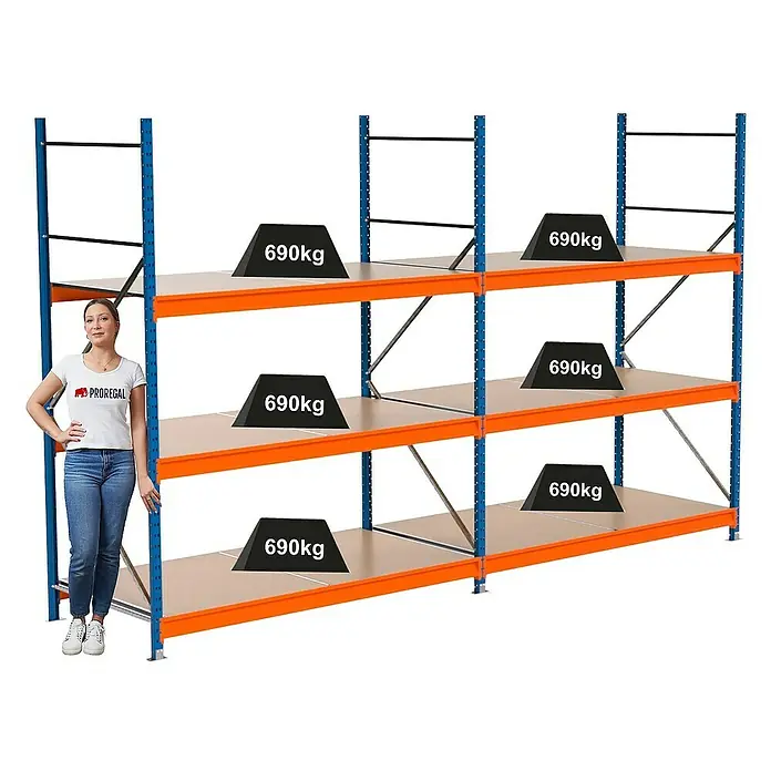 Proregal Schwerlastregal Industrie Weitspannregal MAXIMUS Pro - H x B x T: 250 x 410 x 100 cm, Traglast pro Boden: 690 kg, Anzahl Böden: 3 Stk., Stecken, Blau/Orange