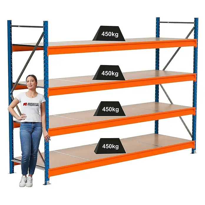 Proregal Schwerlastregal Industrie Weitspannregal MAXIMUS Pro - H x B x T: 200 x 285 x 80 cm, Traglast pro Boden: 450 kg, Anzahl Böden: 4 Stk., Stecken, Blau/Orange