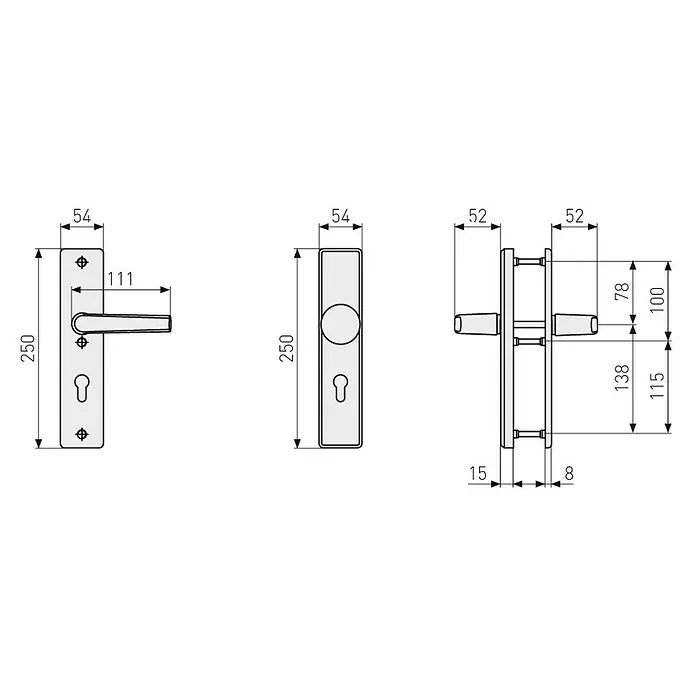 Abus Schutzbeschlag KLN314 W B.DR. - Silber, Stärke Tür: 37 mm - 47 mm - Technische Zeichnung eines Türbeschlags mit Drücker und Knauf, Vorder- und Seitenansichten mit Maßen.