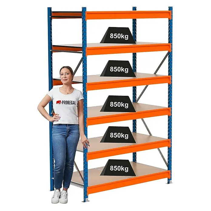 Proregal Schwerlastregal Industrie Weitspannregal MAXIMUS Pro - H x B x T: 250 x 160 x 60 cm, Traglast pro Boden: 850 kg, Anzahl Böden: 6 Stk., Stecken, Blau/Orange