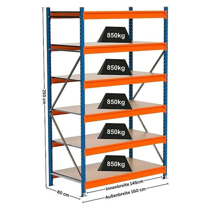 Proregal Schwerlastregal Industrie Weitspannregal MAXIMUS Pro - H x B x T: 250 x 160 x 60 cm, Traglast pro Boden: 850 kg, Anzahl Böden: 6 Stk., Stecken, Blau/Orange