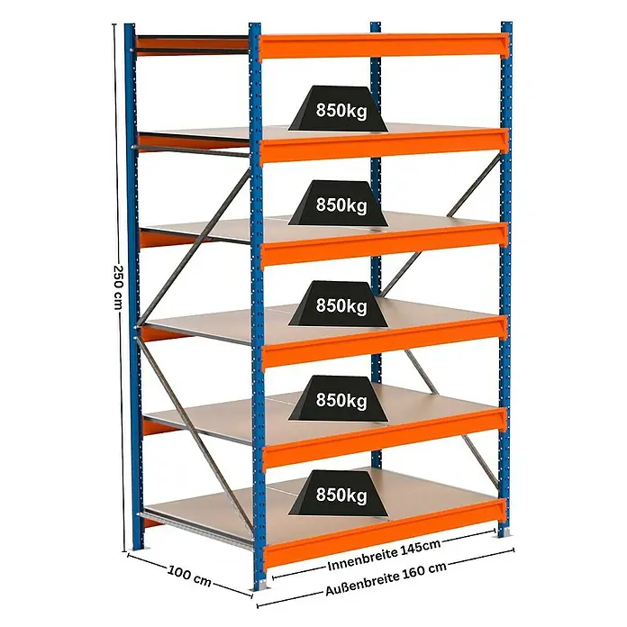 Proregal Schwerlastregal Industrie Weitspannregal MAXIMUS Pro - H x B x T: 250 x 160 x 100 cm, Traglast pro Boden: 850 kg, Anzahl Böden: 6 Stk., Stecken, Blau/Orange