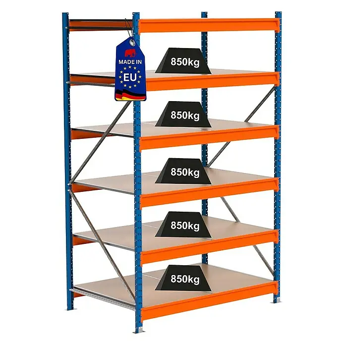 Proregal Schwerlastregal Industrie Weitspannregal MAXIMUS Pro - H x B x T: 250 x 160 x 100 cm, Traglast pro Boden: 850 kg, Anzahl Böden: 6 Stk., Stecken, Blau/Orange
