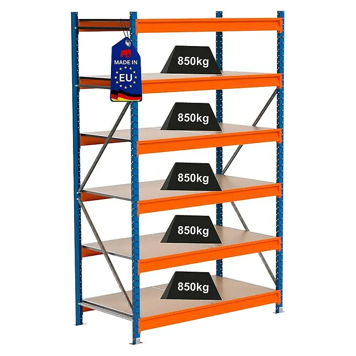 Proregal Schwerlastregal Industrie Weitspannregal MAXIMUS Pro - H x B x T: 250 x 160 x 60 cm, Traglast pro Boden: 850 kg, Anzahl Böden: 6 Stk., Stecken, Blau/Orange