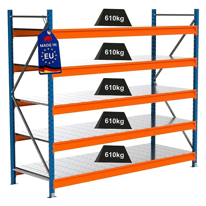 Proregal Schwerlastregal Industrie Weitspannregal MAXIMUS Pro - H x B x T: 200 x 235 x 80 cm, Traglast pro Boden: 610 kg, Anzahl Böden: 5 Stk., Stecken, Blau/Orange