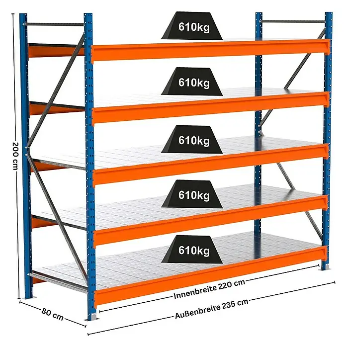 Proregal Schwerlastregal Industrie Weitspannregal MAXIMUS Pro - H x B x T: 200 x 235 x 80 cm, Traglast pro Boden: 610 kg, Anzahl Böden: 5 Stk., Stecken, Blau/Orange