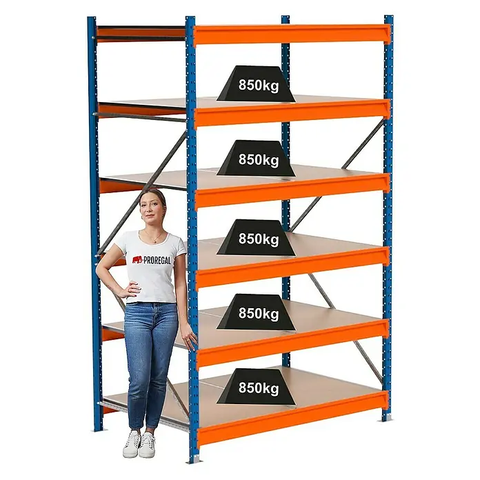 Proregal Schwerlastregal Industrie Weitspannregal MAXIMUS Pro - H x B x T: 250 x 160 x 100 cm, Traglast pro Boden: 850 kg, Anzahl Böden: 6 Stk., Stecken, Blau/Orange
