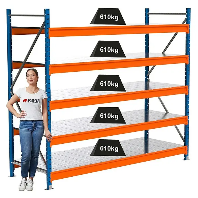 Proregal Schwerlastregal Industrie Weitspannregal MAXIMUS Pro - H x B x T: 200 x 235 x 80 cm, Traglast pro Boden: 610 kg, Anzahl Böden: 5 Stk., Stecken, Blau/Orange