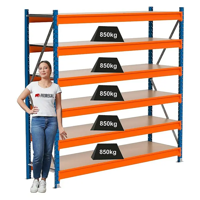Proregal Schwerlastregal Industrie Weitspannregal MAXIMUS Pro - H x B x T: 200 x 160 x 60 cm, Traglast pro Boden: 850 kg, Anzahl Böden: 6 Stk., Stecken, Blau/Orange