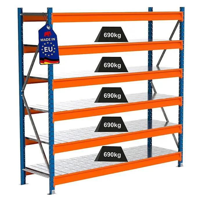 Proregal Schwerlastregal Industrie Weitspannregal MAXIMUS Pro - H x B x T: 200 x 210 x 60 cm, Traglast pro Boden: 690 kg, Anzahl Böden: 6 Stk., Stecken, Blau/Orange