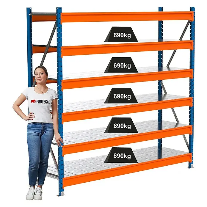 Proregal Schwerlastregal Industrie Weitspannregal MAXIMUS Pro - H x B x T: 200 x 210 x 60 cm, Traglast pro Boden: 690 kg, Anzahl Böden: 6 Stk., Stecken, Blau/Orange