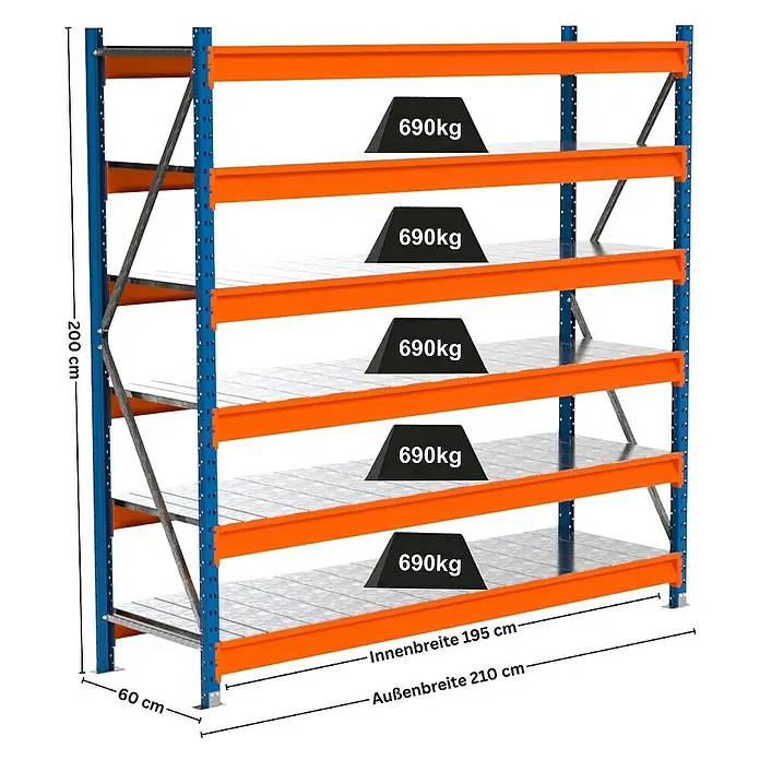 Proregal Schwerlastregal Industrie Weitspannregal MAXIMUS Pro - H x B x T: 200 x 210 x 60 cm, Traglast pro Boden: 690 kg, Anzahl Böden: 6 Stk., Stecken, Blau/Orange