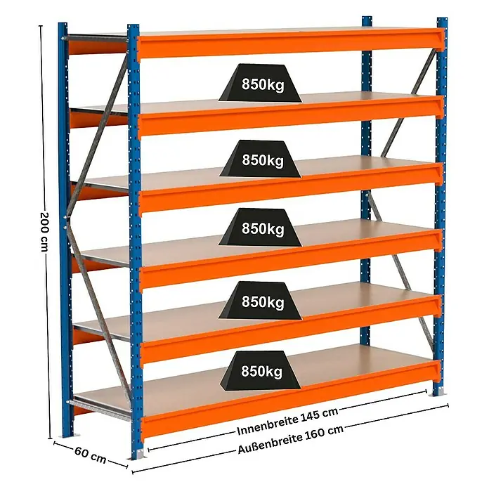 Proregal Schwerlastregal Industrie Weitspannregal MAXIMUS Pro - H x B x T: 200 x 160 x 60 cm, Traglast pro Boden: 850 kg, Anzahl Böden: 6 Stk., Stecken, Blau/Orange