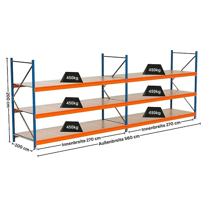 Proregal Schwerlastregal Industrie Weitspannregal MAXIMUS Pro - H x B x T: 200 x 560 x 100 cm, Traglast pro Boden: 450 kg, Anzahl Böden: 3 Stk., Stecken, Blau/Orange