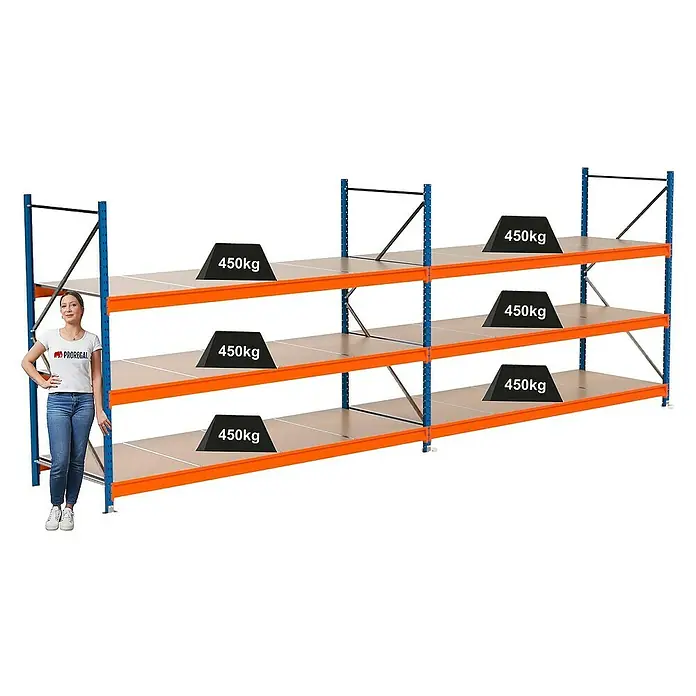 Proregal Schwerlastregal Industrie Weitspannregal MAXIMUS Pro - H x B x T: 200 x 560 x 100 cm, Traglast pro Boden: 450 kg, Anzahl Böden: 3 Stk., Stecken, Blau/Orange