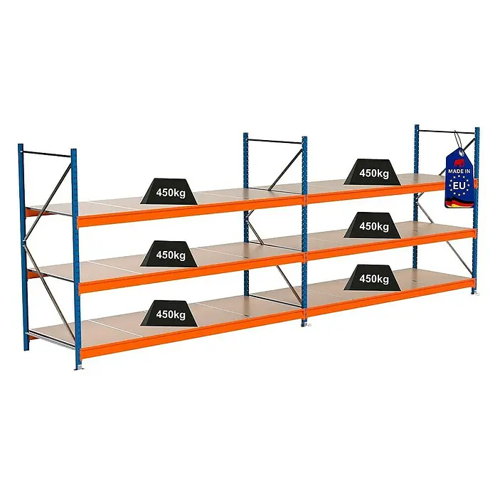 Proregal Schwerlastregal Industrie Weitspannregal MAXIMUS Pro - H x B x T: 200 x 560 x 100 cm, Traglast pro Boden: 450 kg, Anzahl Böden: 3 Stk., Stecken, Blau/Orange