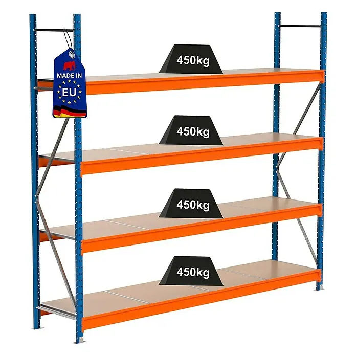 Proregal Schwerlastregal Industrie Weitspannregal MAXIMUS Pro - H x B x T: 250 x 285 x 60 cm, Traglast pro Boden: 450 kg, Anzahl Böden: 4 Stk., Stecken, Blau/Orange