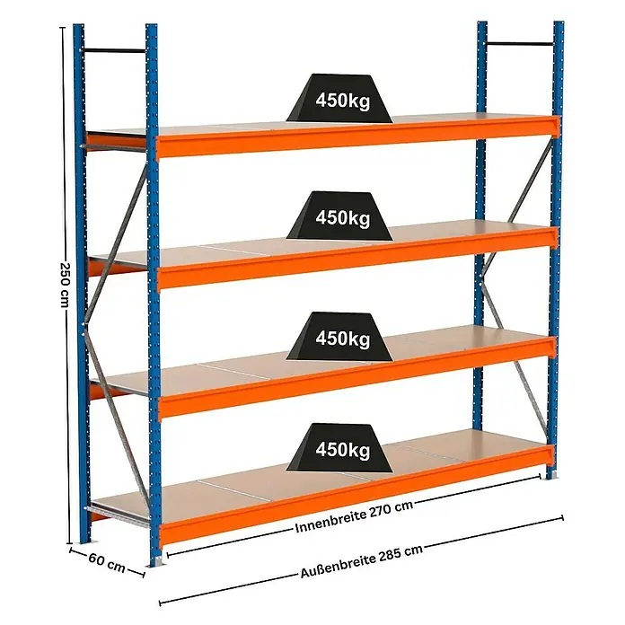 Proregal Schwerlastregal Industrie Weitspannregal MAXIMUS Pro - H x B x T: 250 x 285 x 60 cm, Traglast pro Boden: 450 kg, Anzahl Böden: 4 Stk., Stecken, Blau/Orange
