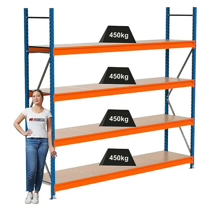 Proregal Schwerlastregal Industrie Weitspannregal MAXIMUS Pro - H x B x T: 250 x 285 x 60 cm, Traglast pro Boden: 450 kg, Anzahl Böden: 4 Stk., Stecken, Blau/Orange