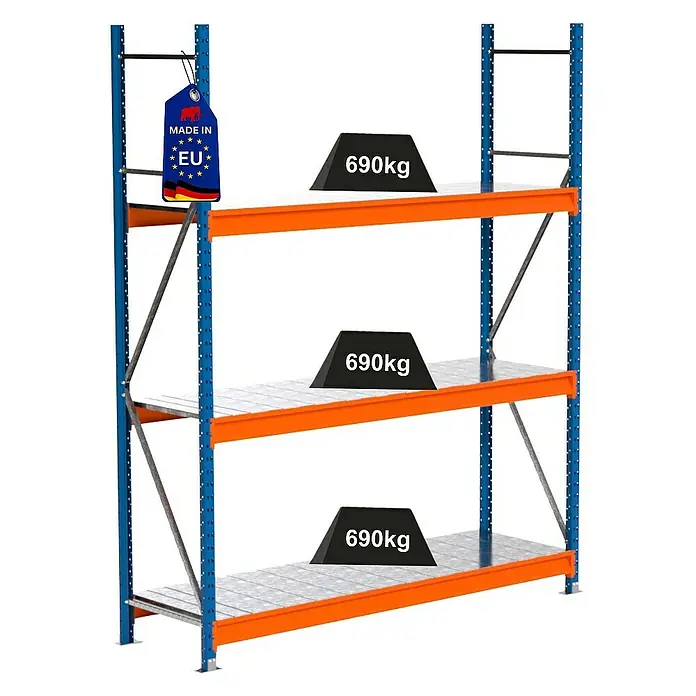 Proregal Schwerlastregal Industrie Weitspannregal MAXIMUS Pro - H x B x T: 250 x 210 x 60 cm, Traglast pro Boden: 690 kg, Anzahl Böden: 3 Stk., Stecken, Blau/Orange