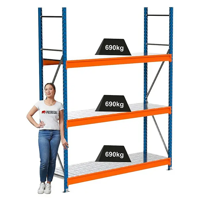 Proregal Schwerlastregal Industrie Weitspannregal MAXIMUS Pro - H x B x T: 250 x 210 x 60 cm, Traglast pro Boden: 690 kg, Anzahl Böden: 3 Stk., Stecken, Blau/Orange